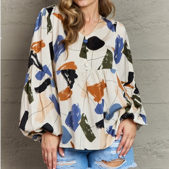 NEW Hailey & Co Wishful Thinking Multicolored Lantern Sleeve Printed Blouse - Picture 1 of 5